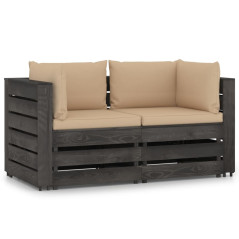 Canapé de jardin 2 places avec coussins bois imprégné de gris