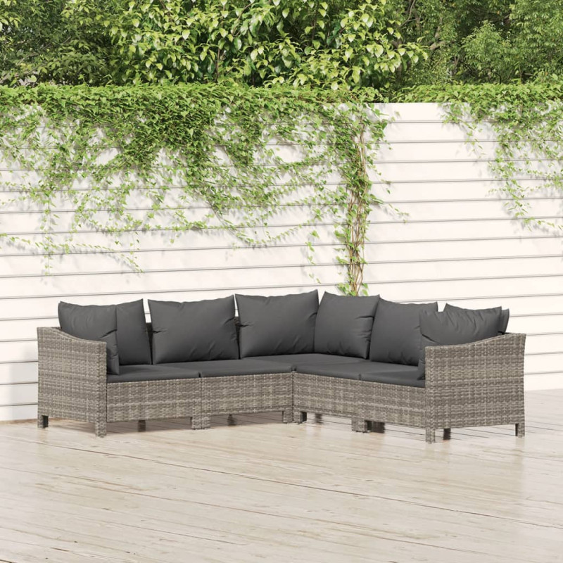 Salon de jardin 5 pcs avec coussins Gris Résine tressée