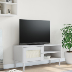 Meuble TV SENJA aspect rotin blanc 106x40x49cm bois massif pin