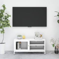 Meuble TV Blanc 90x30x44 cm Acier et verre