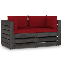 Canapé de jardin 2 places avec coussins bois imprégné de gris